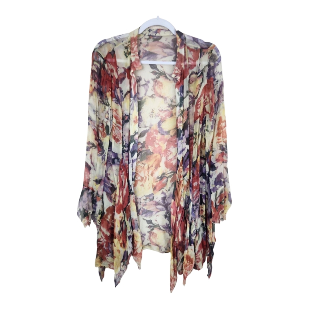 Romantic Floral Fairy Gauzy Open Cardigan S/M Crinkle Shark Bite Flowy Whimsy